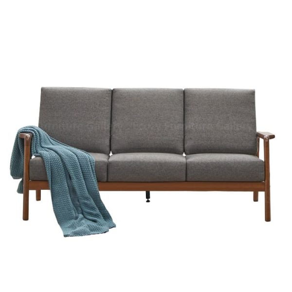 Wooden Sofa with a grey fabric cushion, featuring wooden armrests and a sleek design