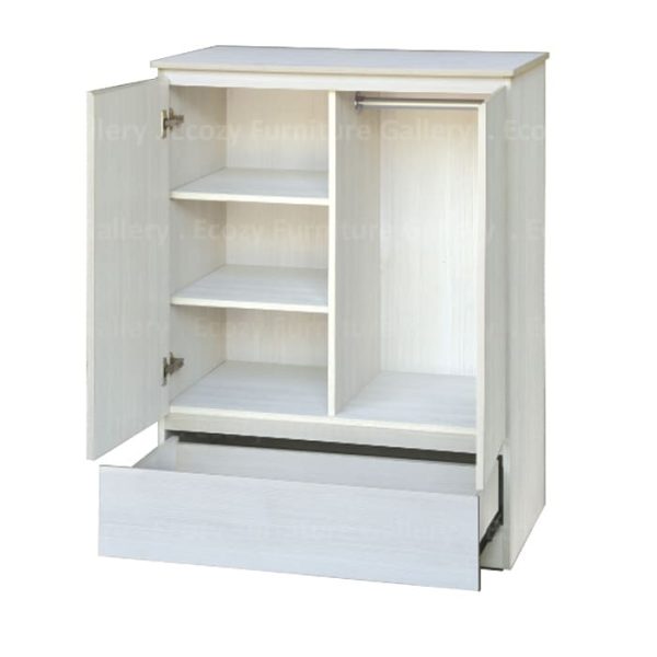 Swing door wardrobe with a white wash wood finish, featuring two doors, a bottom drawer, and an interior showing multiple shelves for organized storage