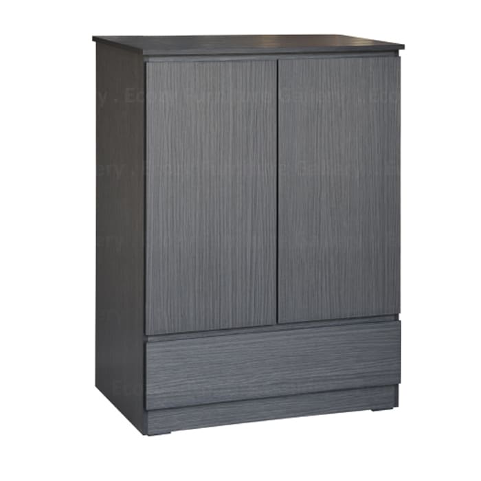 Swing door wardrobe with a dark brown finish, featuring two doors, and a bottom drawer, styled with decorative items on top