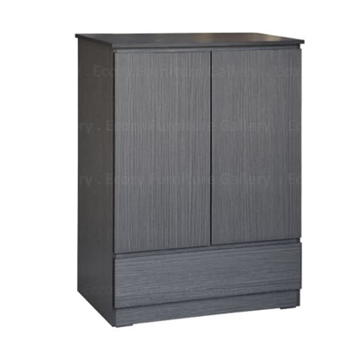 Swing door wardrobe with a dark brown finish, featuring two doors, and a bottom drawer, styled with decorative items on top