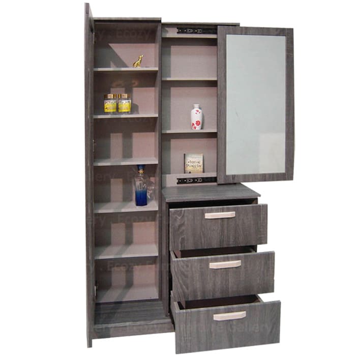 Dressing table with multiple shelves and drawers, featuring a mirrored door and organized storage for cosmetics and accessories