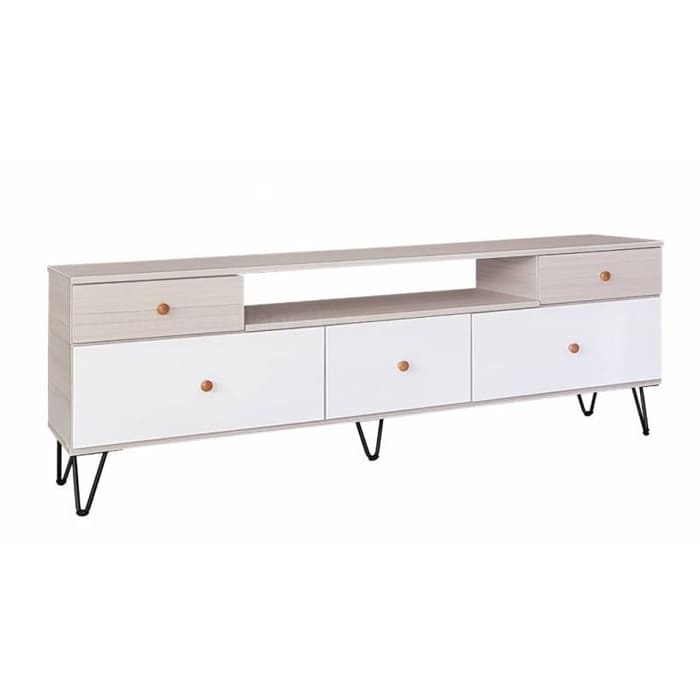 The TV Console is a combination of two colors, glossy white modern finish with white wash wooden framing, creating a simple and elegant design