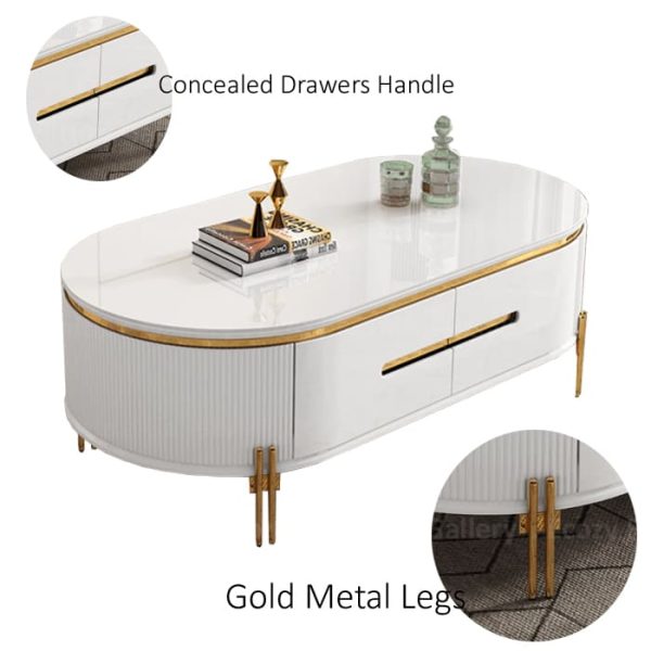 White color Coffee Table featuring a modern sleek design with a white color tempered glass table top, and the gold metal legs