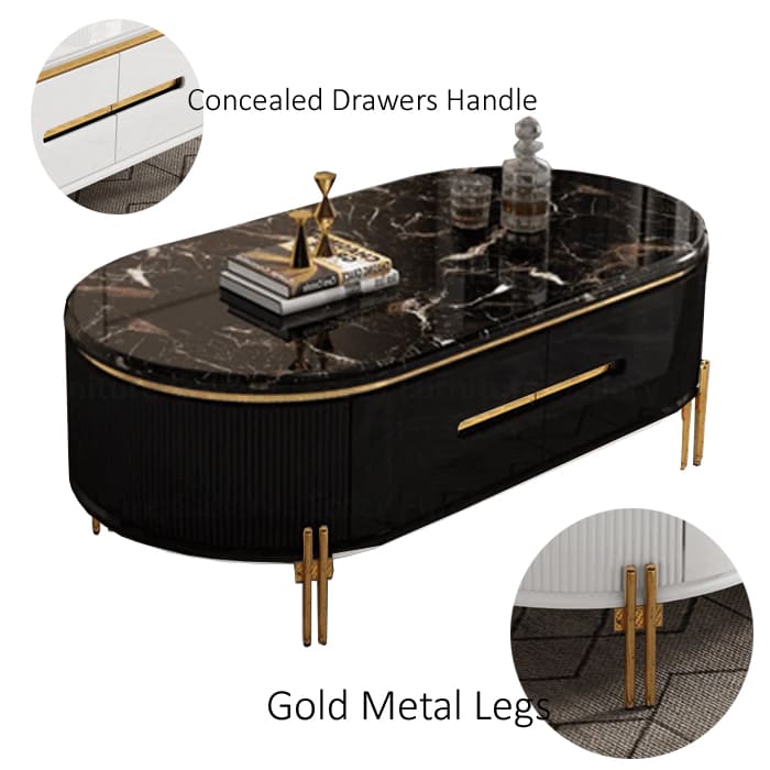 Black color Coffee Table featuring a modern sleek design with a black color tempered glass table top, and the gold metal legs