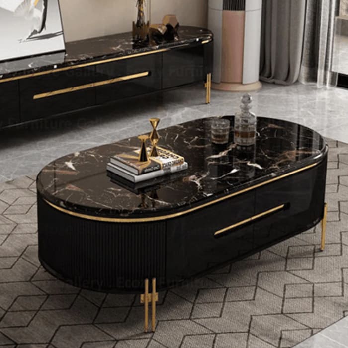 Black color Coffee Table featuring a modern sleek design with a black color tempered glass table top, and the gold metal legs