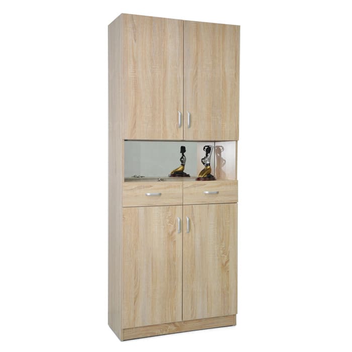 Tall shoe cabinet with four doors, featuring light brown wood furnishing, styled with decorative items on middle portion