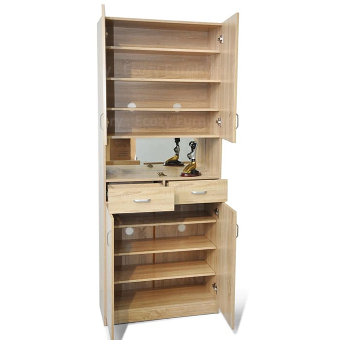 Tall shoe cabinet with four doors, featuring light brown wood furnishing, styled with decorative items on middle portion, and an interior image showing multiple shelves for organized storage