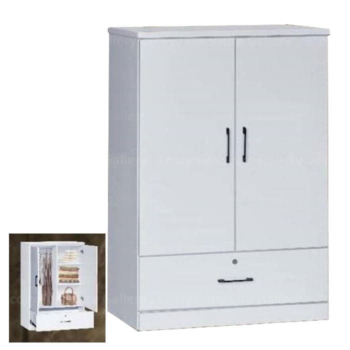 Chest of drawers with a white finish, featuring swing doors, an interior image showing a hanging bars and multiple shelves for organized storage