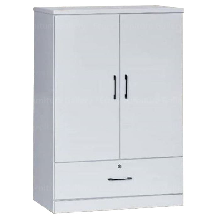 Chest of drawers with a white finish, featuring swing doors, and a sleek design