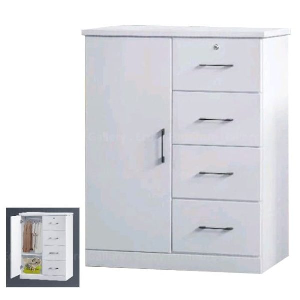 Chest of drawers with a white finish,featuring single swing door, an interior image showing a hanging bars and shelves for organized storage