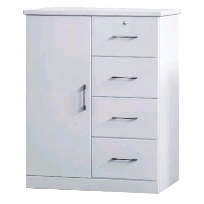 Chest of drawers with a white finish,featuring single swing door, and a sleek design