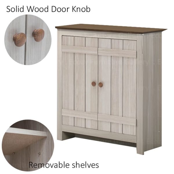 Shoe cabinet with two doors, featuring solid wood door knob handles, styled with decorative items on top