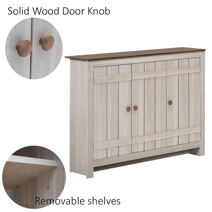 Shoe cabinet with three doors, featuring solid wood door knob handles, styled with decorative items on top