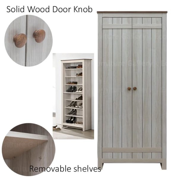 Shoe cabinet with two doors, featuring solid wood door knob handles, and an interior image showing multiple shelves for organized storage