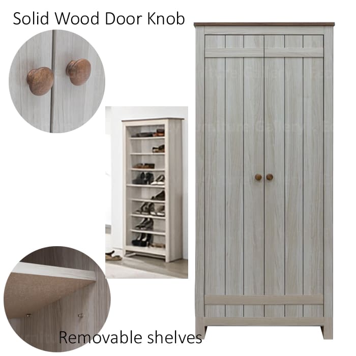 tall door shoe cabinet with two doors, featuring solid wood door knob handles, and an interior image showing multiple shelves for organized storage