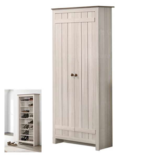 Shoe cabinet with two doors, featuring solid wood door knob handles, and an interior image showing multiple shelves for organized storage