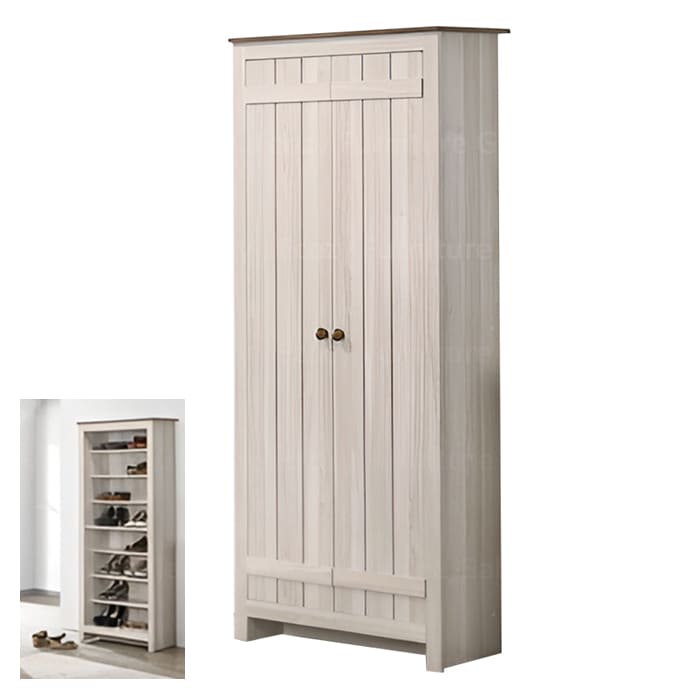 tall door shoe cabinet with two doors, featuring solid wood door knob handles, and an interior image showing multiple shelves for organized storage