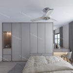 Customized furniture and modern contemporary bedroom renovation with grey color theme, a sleek dresser with white walls, a grey carpet and wardrobe, reflecting a modern renovation design