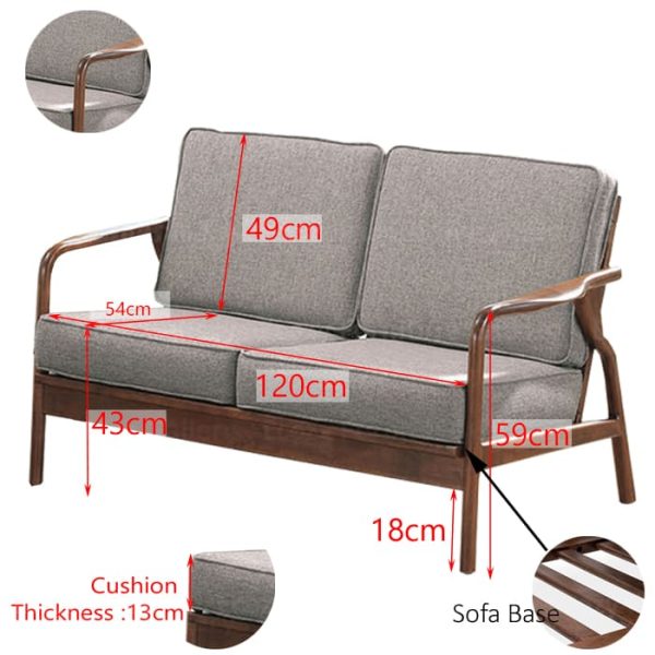 Wooden Sofa with a light brown fabric cushion, featuring wooden armrests and a sleek design, with dimensions labeled for detail measurements