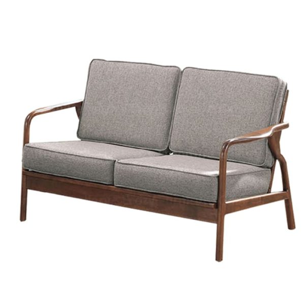 Wooden Sofa with a light brown fabric cushion, featuring wooden armrests and a sleek design