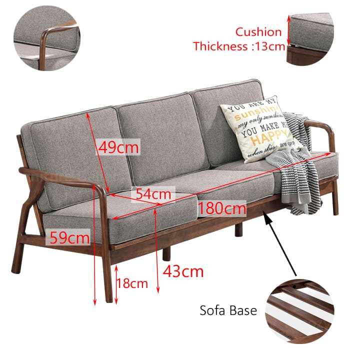 Wooden Sofa with a light brown fabric cushion, featuring wooden armrests and a sleek design, with dimensions labeled for detail measurements