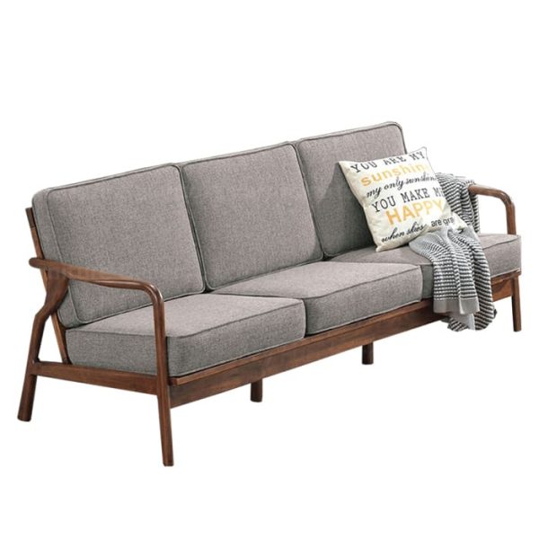 Wooden Sofa with a light brown fabric cushion, featuring wooden armrests and a sleek design