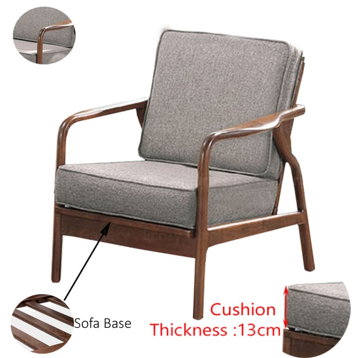 Wooden Sofa with a light brown fabric cushion, featuring wooden armrests and a sleek design