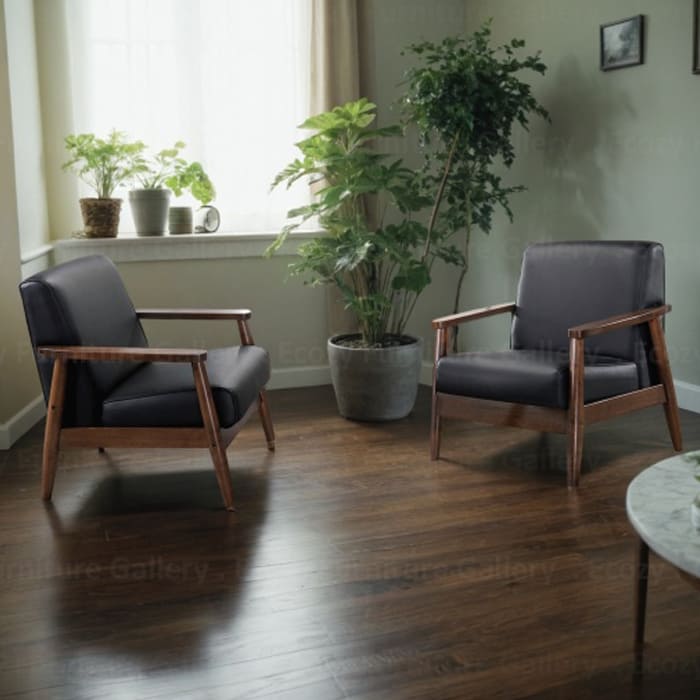 Wooden Sofa with a black color leather cushion, featuring wooden armrests and a sleek design, set in a cozy living room with warm lighting and wooden flooring