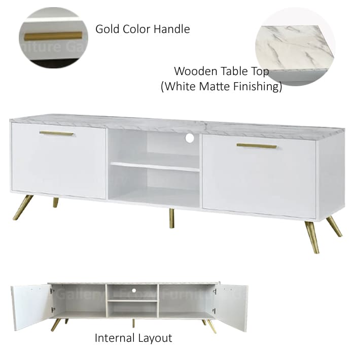 White color TV Console featuring a modern design with white matte finishing of wooden table top, and gold color handle