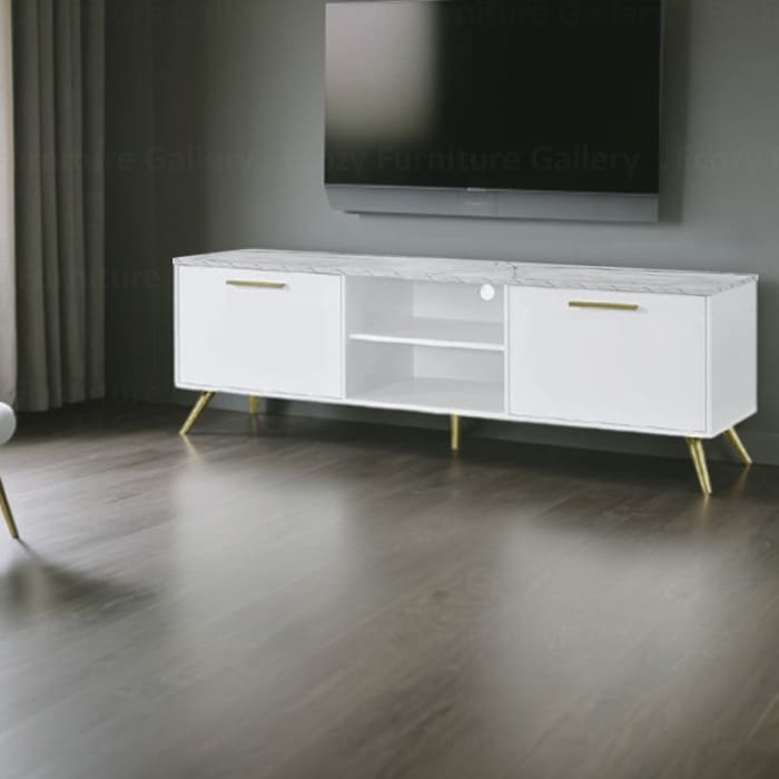 White color TV Console featuring a modern design with white matte finishing of wooden table top, and gold color handle