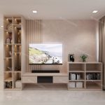 Modern living room interior featuring a wall-mounted television, a sleek entertainment unit, and stylish shelving. It is emphasizing a contemporary renovation aesthetic and customized furniture