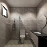 modern bathroom renovation with gray tiles, a sleek vanity, small mirrors, a shower area, and natural light from windows