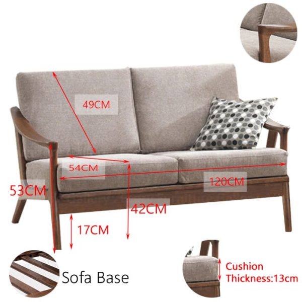 Wooden Sofa with a light brown fabric cushion, featuring wooden armrests and a sleek design, with dimensions labeled for detail measurements