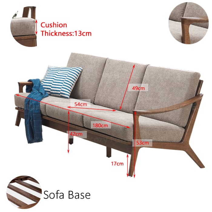 Wooden Sofa with a light brown fabric cushion, featuring wooden armrests and a sleek design, with dimensions labeled for detail measurements