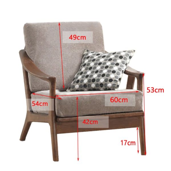 Wooden Sofa with a light brown fabric cushion, featuring wooden armrests and a sleek design, with dimensions labeled for detail measurements