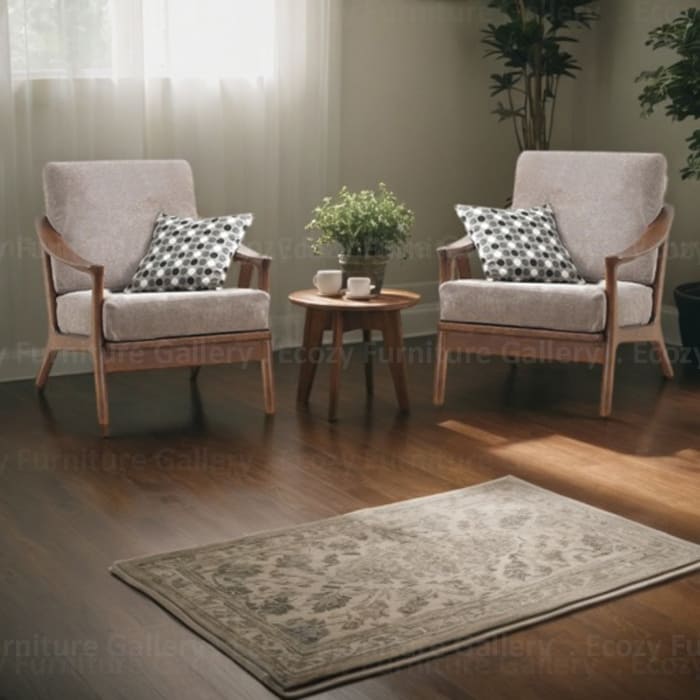 Wooden Sofa with a light brown fabric cushion, featuring wooden armrests and a sleek design, set in a cozy living room with warm lighting and wooden flooring