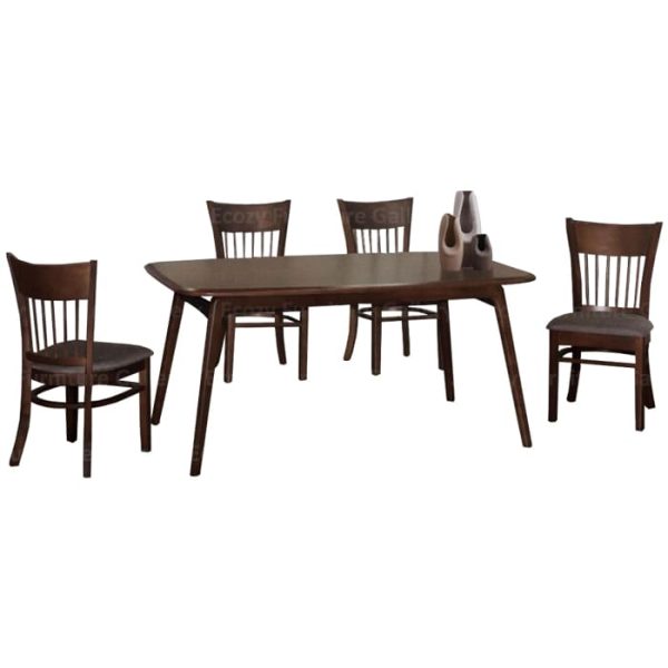 A wooden dining set featuring a table and four chairs in a cozy dining room setting