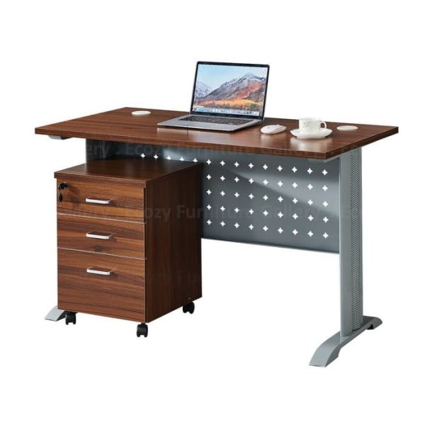 A computer desk featuring a laptop and a moveable mobile pedestal for added storage and convenience