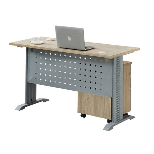 A computer desk featuring a laptop and a moveable mobile pedestal for added storage and convenience