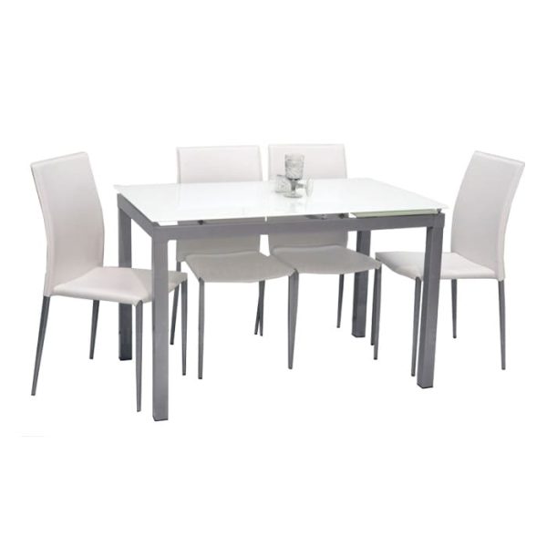 A stylish white tempered glass dining table with four faux leather dining chairs, perfect for any modern dining room, now on furniture sale