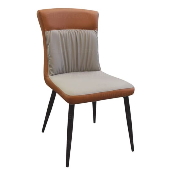 A modern dining chair featuring a leather seat and sleek black metal legs, ideal for modern dining spaces