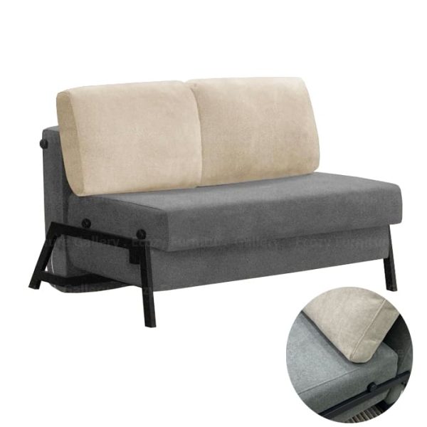 A grey sofa bed featuring a beige cushion and a sleek black frame, perfect for stylish and comfortable living spaces