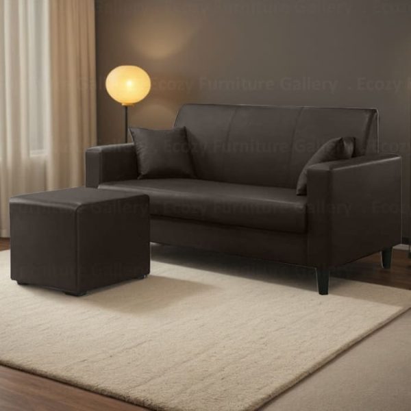 A stylish modern living room featuring a brown faux leather sofa feature with a ottoman, perfect for a furniture sale