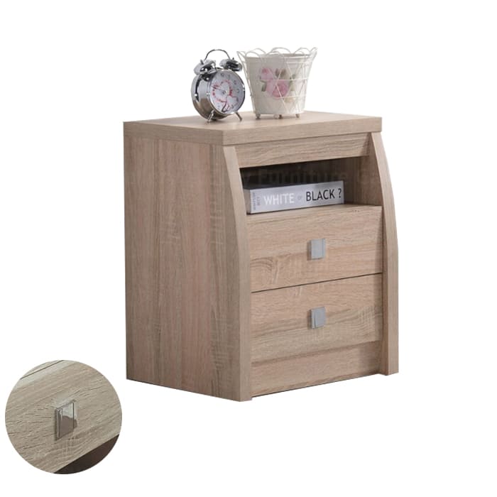 Modern wooden bedside table features with two drawers and a shelf